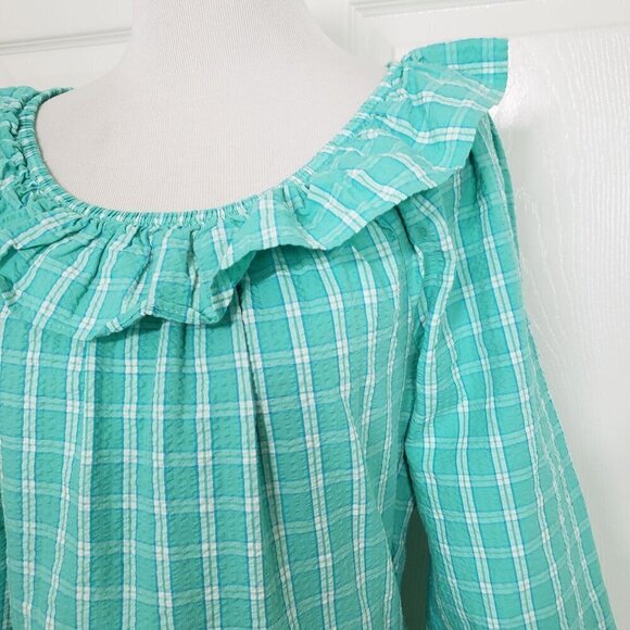 J Crew Factory Seersucker Ruffleneck Mini Dress Womens Size 6 Aqua Plaid Cotton - Picture 4 of 15